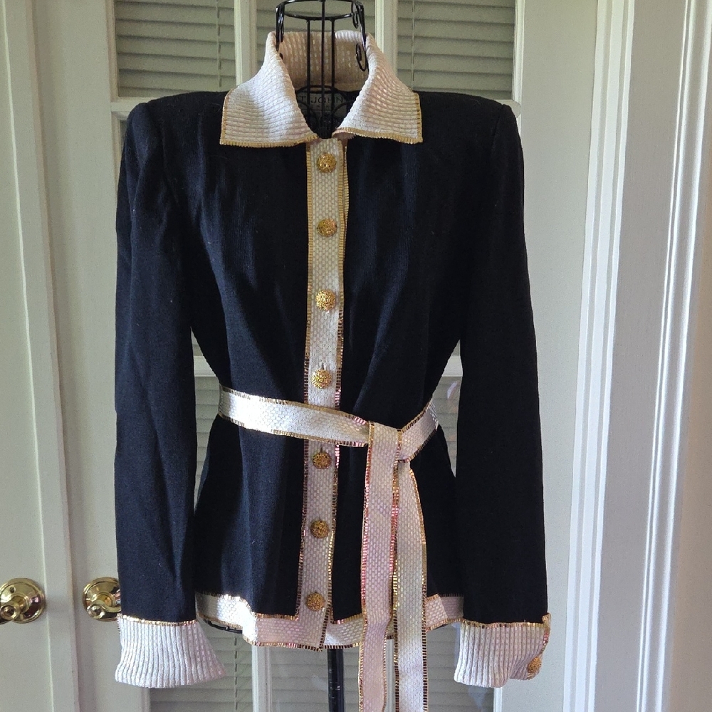 St. John Evening By Marie Gray Black/Creme/Gold Shimmer Jacket with Gold Accents